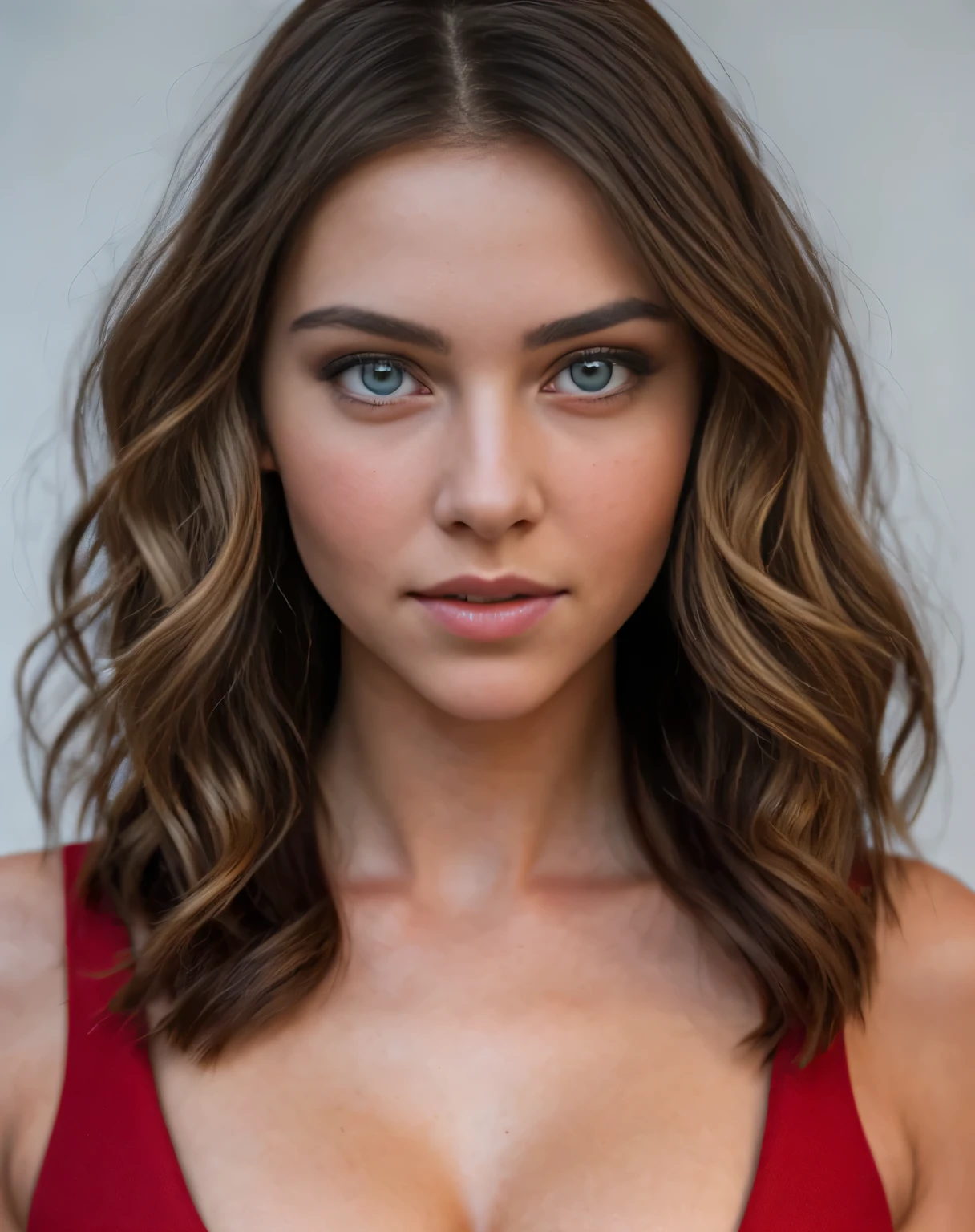 (20 years old beautiful woman), (frightened face), (((tight red dress))), ((busty)),( thin face) ((supermodel face)) expressive facial features. She's looking straight at the camera. (((short wavy brunette hair))) , ((dark blue eyes)), a captivating look and an alluring facial expression that allows a woman to be the center of the image. Please pay close attention to details such as highlights and shadows on her face and hair to create a realistic image. Looking directly into the camera, the final product should be a masterpiece that conveys the essence and beauty of a woman, ((highly detailed skin, skin details)), clear focus, volumetric fog, 8k UHD, SLR camera, high quality, film grain, Fujifilm XT3, (((full body shot))), perfect legs