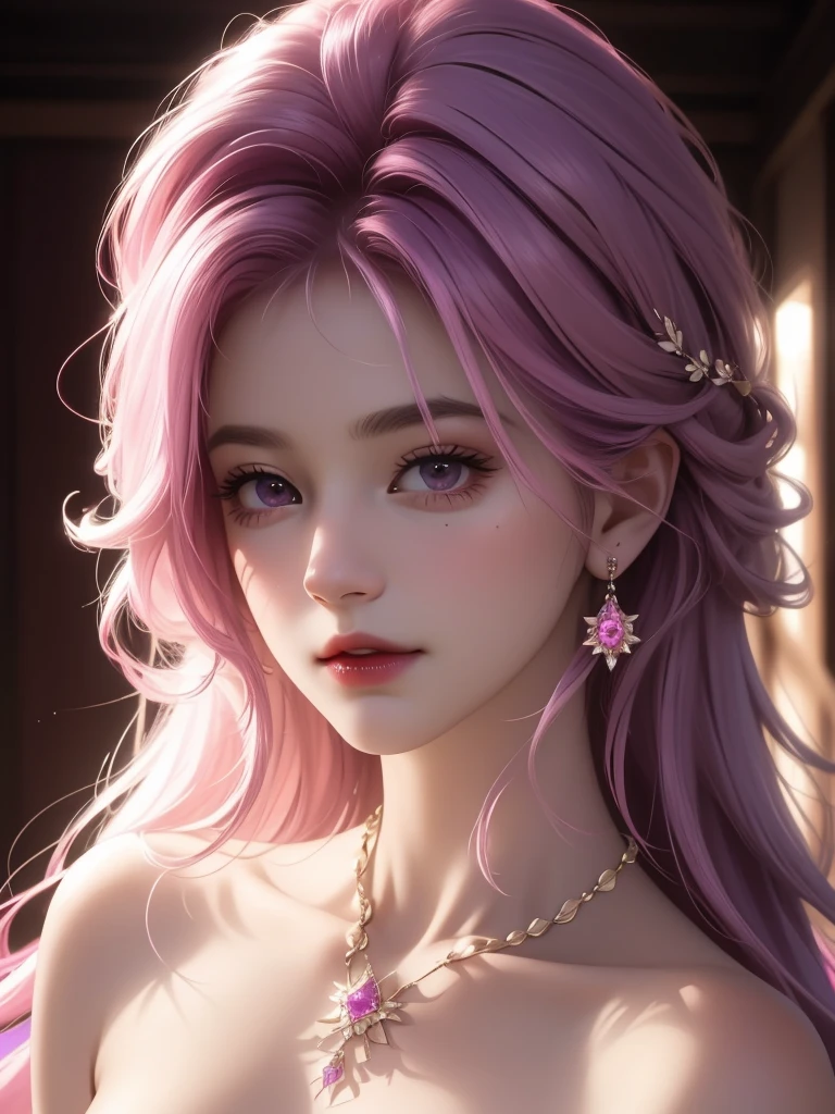best quality, masterpiece, High target, 1 Girl, nude, Hair Decorationss, necklace, Decorations, Pretty Face, When the body, Tyndall effect, Realistic Portraits, Dark Studio, Edge lighting, Two-color light, (Very delicate skin:1.2), 8K uhd, Digital SLR Camera, Soft Light, high quality, Volumetric Lighting, Honest, photo, high resolution, 4K, 8K, Bokeh, Purple hair,pink hair tips,.