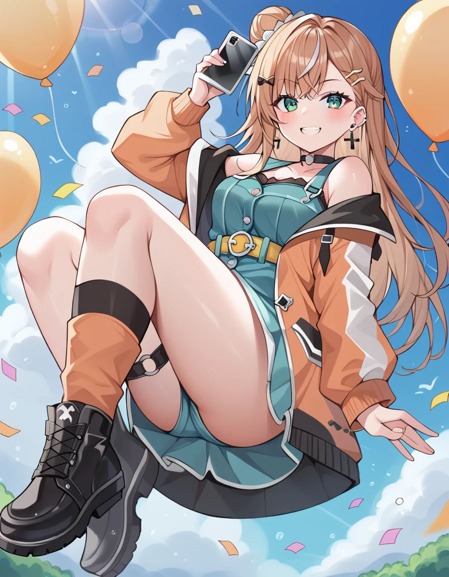 score_9, score_8_superior, score_7_superior, sauce_anime, evaluation_Safety, BREAK igarashi rika, One girl, inirtual youtuber, Green Eyes, Striped Hair, Brown Hair, Single hair bun, One-sided bun, Long Hair, hair ornaments, Hair Clip, Earrings, Black Choker, Open jacket, Orange jacket, puffy long sleeines, Blue clothes, sleeineless dress, Off the shoulder, Frill dress, Black Dress, Cross Strap, Yellow Belt, Asymmetrical legwear, Black knee socks, Orange socks, Checkered socks, boots, floating, floating hair, in, Grin, Dutch Angle, Have a phone, balloon, Confetti, Shine, blue sky, cloud, sunlight, Lens flare, BREAK, Spread your legs wide,