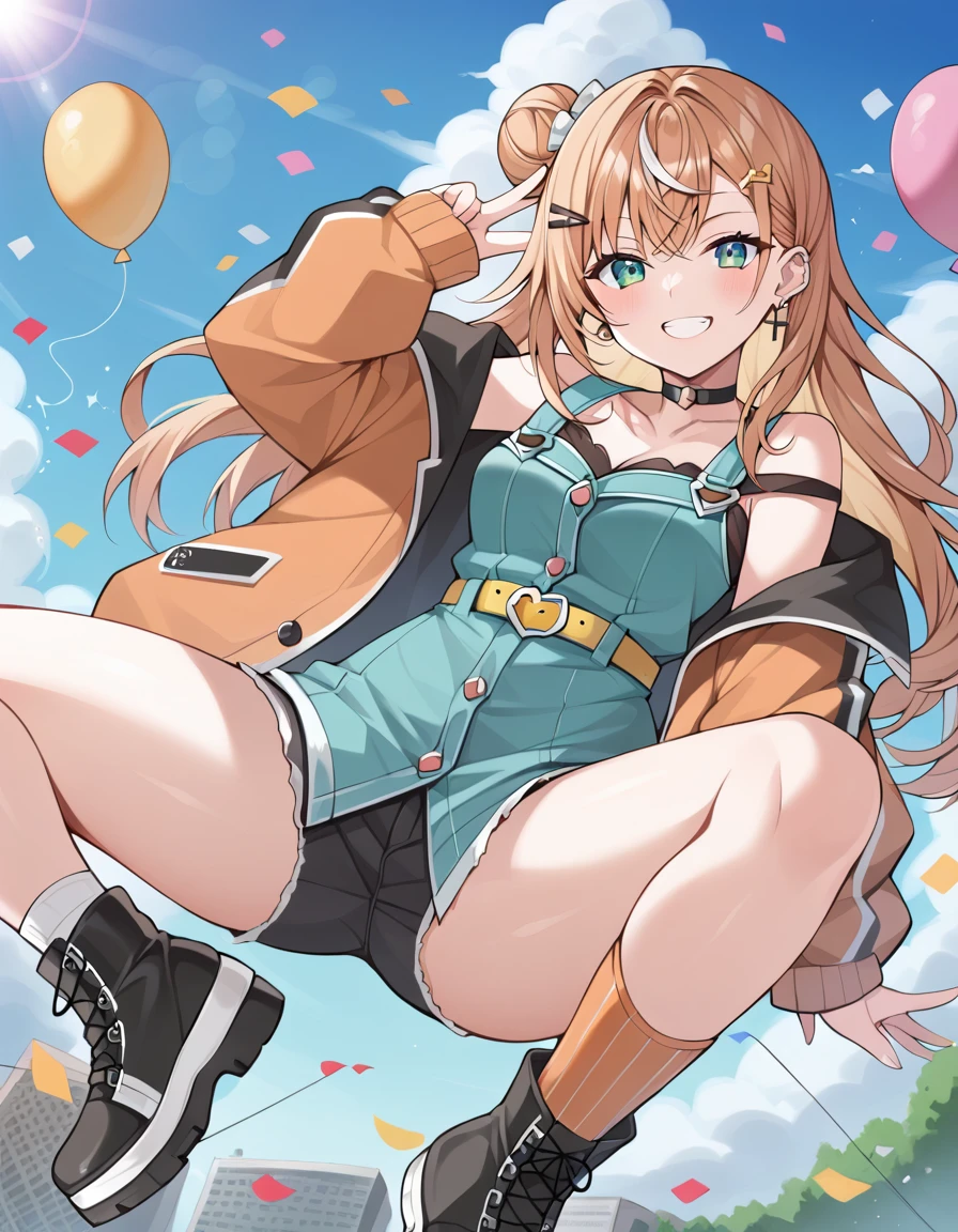 score_9, score_8_superior, score_7_superior, sauce_anime, evaluation_Safety, BREAK igarashi rika, One girl, inirtual youtuber, Green Eyes, Striped Hair, Brown Hair, Single hair bun, One-sided bun, Long Hair, hair ornaments, Hair Clip, Earrings, Black Choker, Open jacket, Orange jacket, puffy long sleeines, Blue clothes, sleeineless dress, Off the shoulder, Frill dress, Black Dress, Cross Strap, Yellow Belt, Asymmetrical legwear, Black knee socks, Orange socks, Checkered socks, boots, floating, floating hair, in, Grin, Dutch Angle, Have a phone, balloon, Confetti, Shine, blue sky, cloud, sunlight, Lens flare, BREAK, Spread your legs wide, 