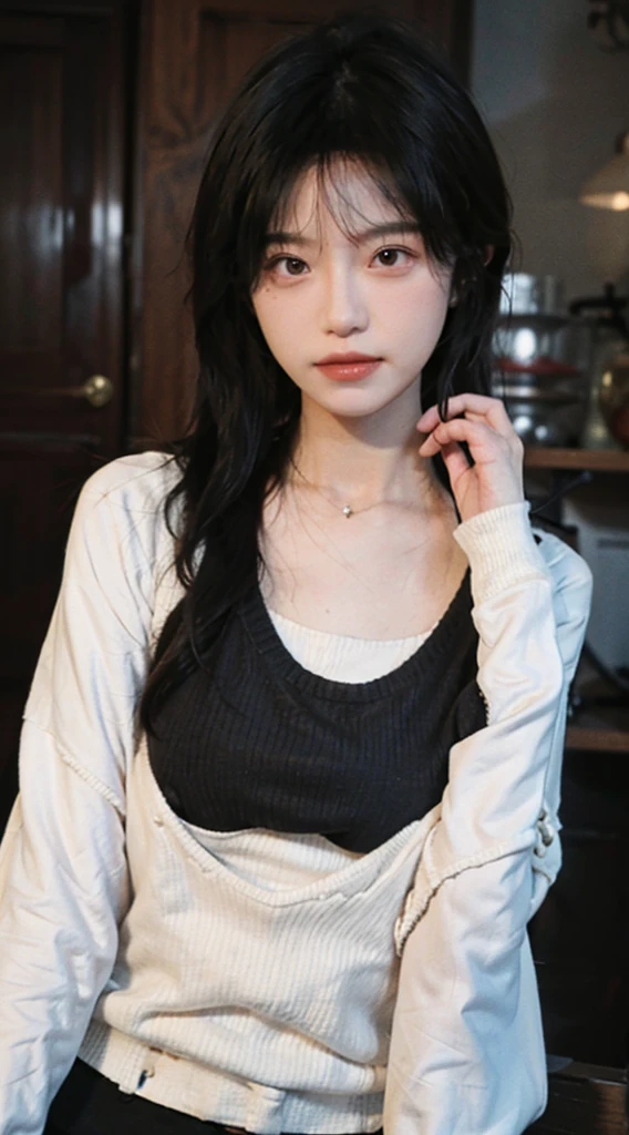 best qualtiy, Ultra-high resolution, (realisticlying:1.4),cute hairpin,1girll,Red long-haired,Cropped sweater ,Beautiful woman with a slim figure:2.0, Pronounced abs:1.4, On the island,Ultra-fine face,Elaborate Eyes,double eyelid,choker necklace