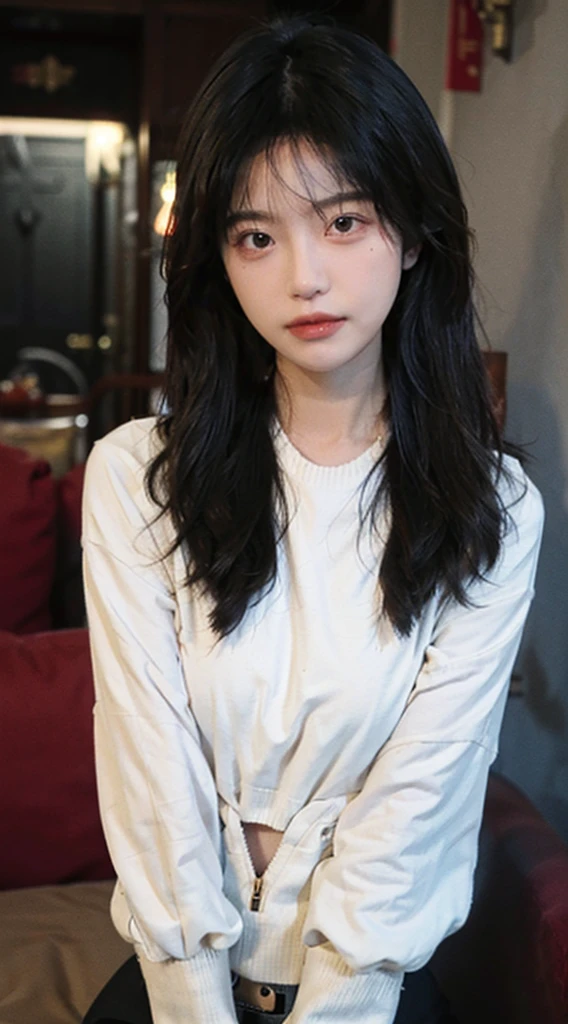 best qualtiy, Ultra-high resolution, (realisticlying:1.4),cute hairpin,1girll,Red long-haired,Cropped sweater ,Beautiful woman with a slim figure:2.0, Pronounced abs:1.4, On the island,Ultra-fine face,Elaborate Eyes,double eyelid,choker necklace