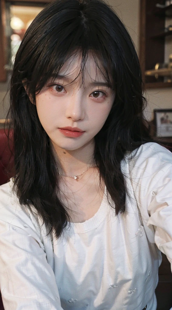 best qualtiy, Ultra-high resolution, (realisticlying:1.4),cute hairpin,1girll,Red long-haired,Cropped sweater ,Beautiful woman with a slim figure:2.0, Pronounced abs:1.4, On the island,Ultra-fine face,Elaborate Eyes,double eyelid,choker necklace