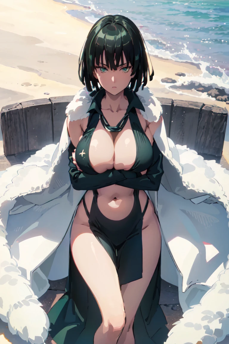 (((pixel-perfect, detail-perfect))), solo, 1girl, fubuki, fur coat, collared dress, collarbone, necklace, looking at viewer, closed mouth((( sexy pose arms above)))(( long belly)) height 198 cm (((world's perfect shape body)))(((bib boobs))).