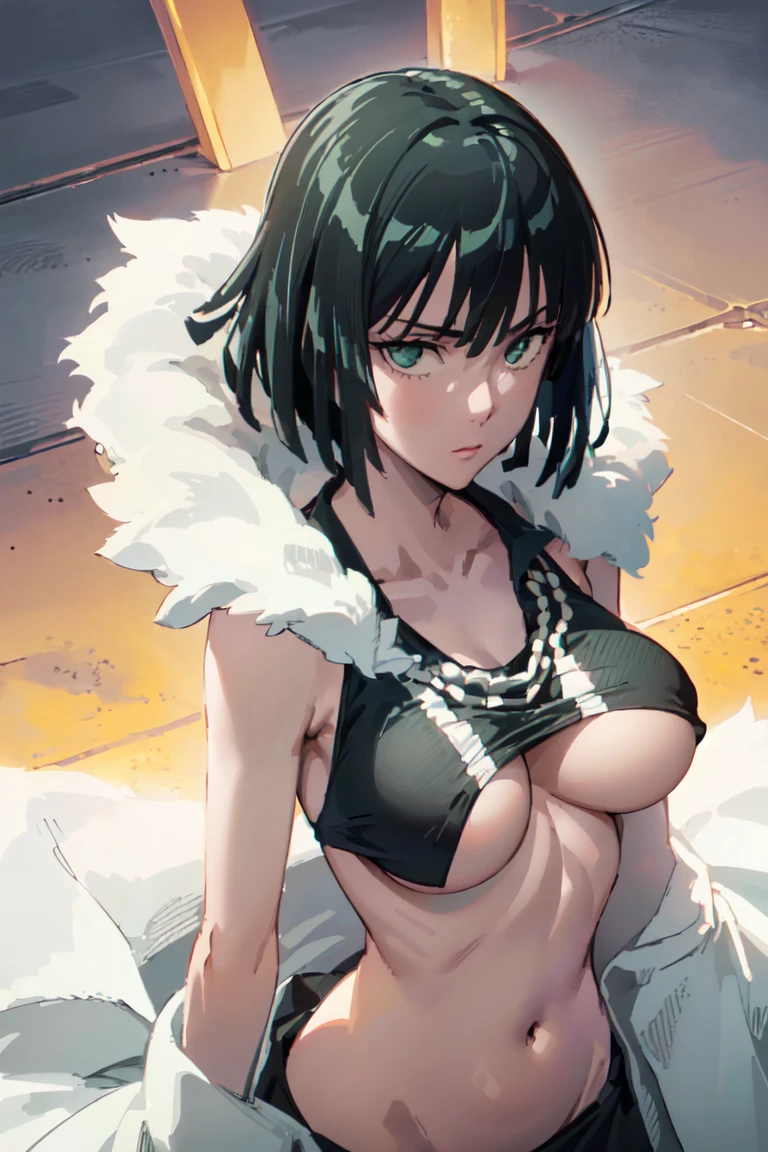 (((pixel-perfect, detail-perfect))), solo, 1girl, fubuki, fur coat, collared dress, collarbone, necklace, looking at viewer, closed mouth((( sexy pose arms above)))(( long belly)) height 198 cm (((world's perfect shape body)))(((bib boobs))).
