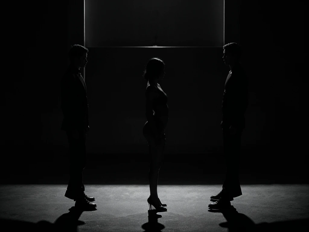 A silhouette of people, minimalist black and white art, abstract figures, long shadows, dramatic lighting, moody atmosphere, stark contrast, strong shapes, simple design, clean lines, negative space, textured background, mysterious mood, intricate details, high quality, cinematic lighting, elegant composition