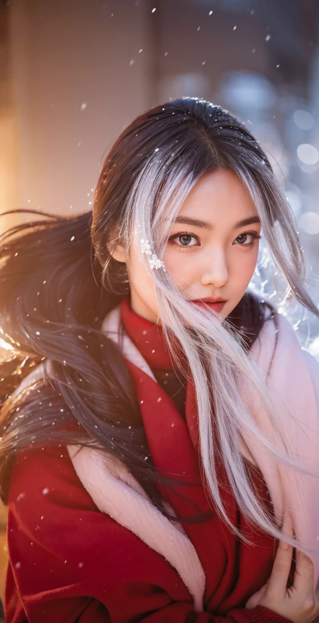 8k, best quality, Medium close-up, （Best quality，8K，tmasterpiece：1.3）Cute and lovely Korean girl, realistic, ultra detail, photo realistic, Increase quality, 
a photo of a girl standing in a night city , central park, with a scarf, Wearing beautiful hijab , in the style of dark and brooding designer, voluminous mass, photobash, serene faces, jagged edges, navy, natural beauty, close-up shot , cold atmosphere , winter atmosphere , Skin texture is natural、、The skin looks healthy with an even tone、 Use natural light and color,One Woman,japanes,,kawaii,A dark-haired,Middle hair,(depth of fields、chromatic abberation、、Wide range of lighting、Natural Shading、)、(Exterior light at night:1.4)、(Falling snow:1.3)、(Hair swaying in the wind:1.2)、(Light reflecting snow:1.0)
