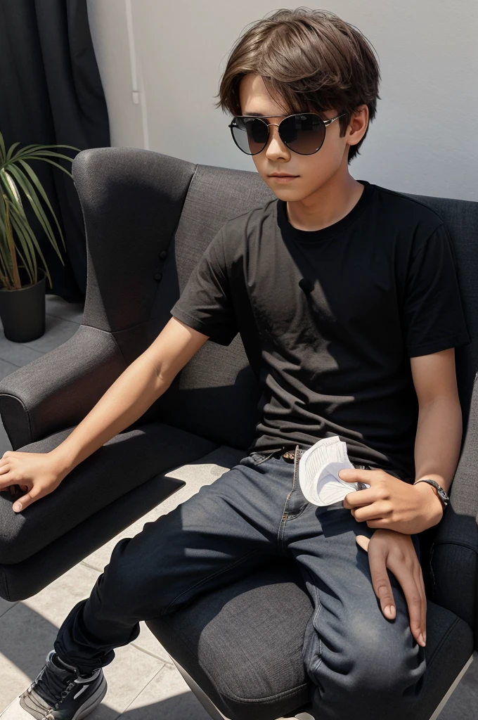 create 3d illustration picture where a boy in a black shirt sirt sits casually on a wing back chair sunglasses he looks a head the back ground features shy am in big and capital white founts on the back wall there should not be hi shadows and there are wings to make it appear as if he is angle