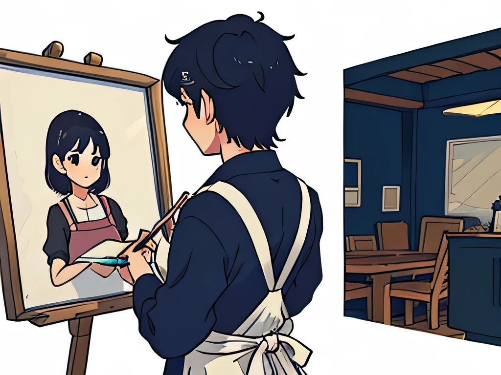 perfect anime illustration, back view illustration of a boy wearing an apron, painting a portrait of a girl, on a canvas, view from back