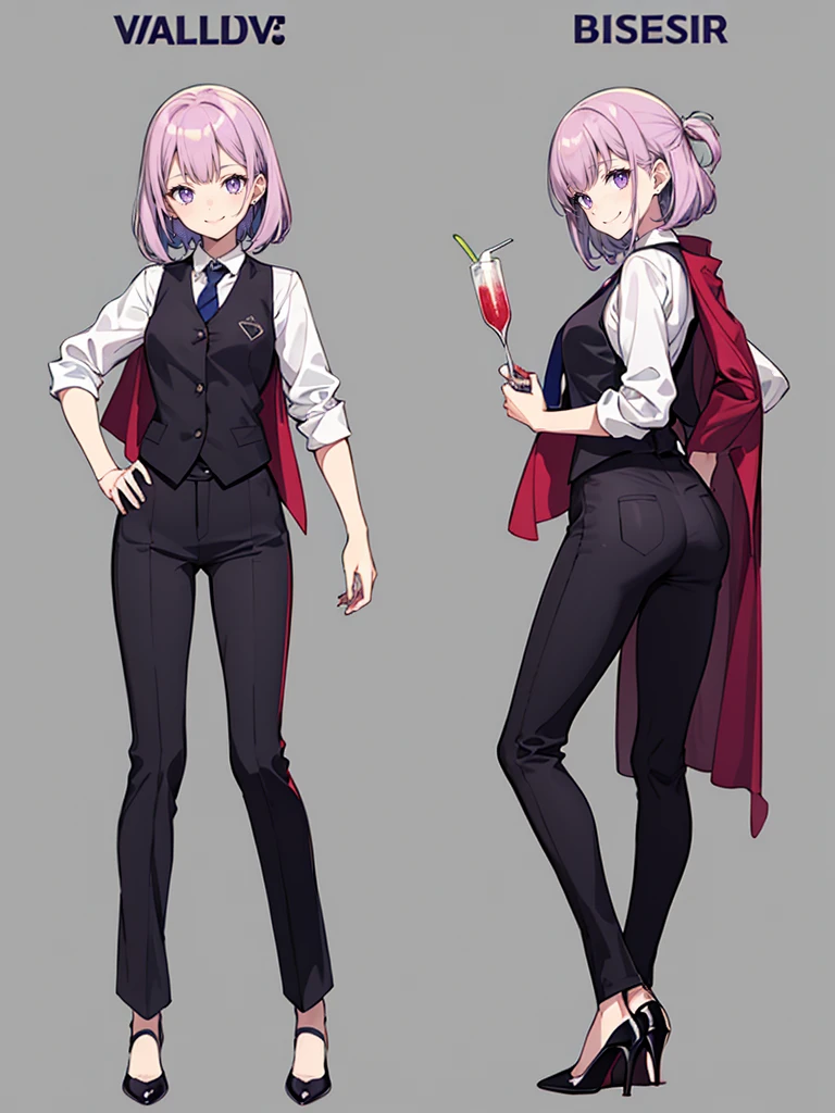 purple,((ハイレイヤーカット)),woman,bartender,vest,shirt,tie,pants,high heels,all,simple background,smile,whole body,full body,full body,Standing picture,vtuber,upright,,look forward to,body facing forward