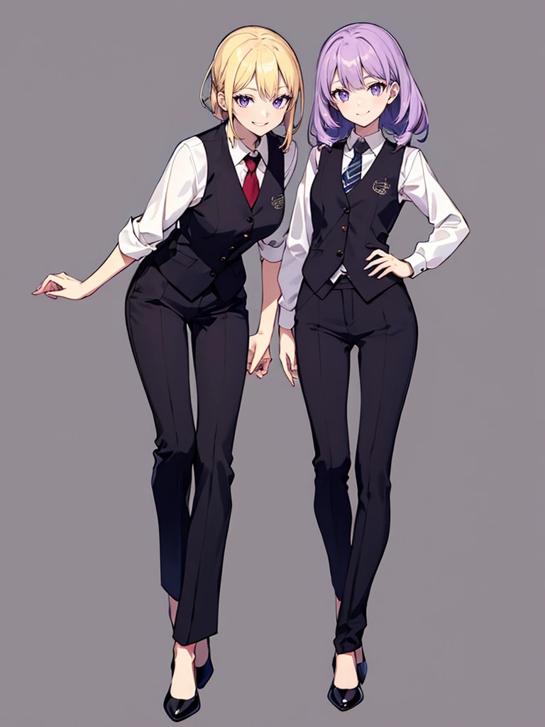 purple,((ハイレイヤーカット)),woman,bartender,vest,shirt,tie,pants,high heels,all,simple background,smile,whole body,full body,full body,Standing picture,vtuber,upright,,look forward to,body facing forward