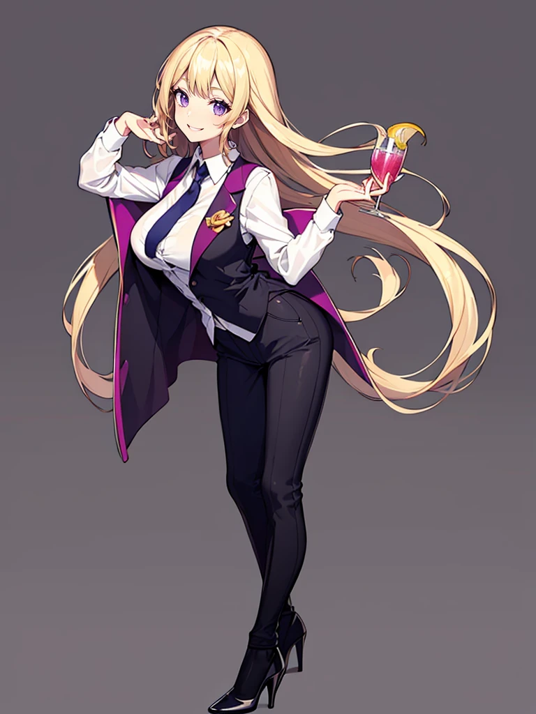 purple,((ハイレイヤーカット)),woman,bartender,vest,shirt,tie,pants,high heels,all,simple background,smile,whole body,full body,full body,Standing picture,vtuber,upright,,look forward to,body facing forward