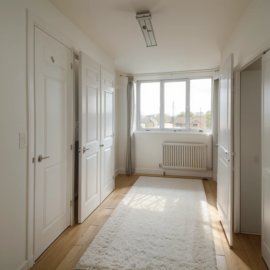 9 square meters bedroom interior ceiling height 250 centimeters, early afternoon, one window to the north 160 centimeters wide and 205 centimeters tall and 50 centimeters from the floor, walls are painter Silver Fox 2108-50, the bed is mandal 140x202 from ikea, the door to the bedroom is on the south side opposite the window