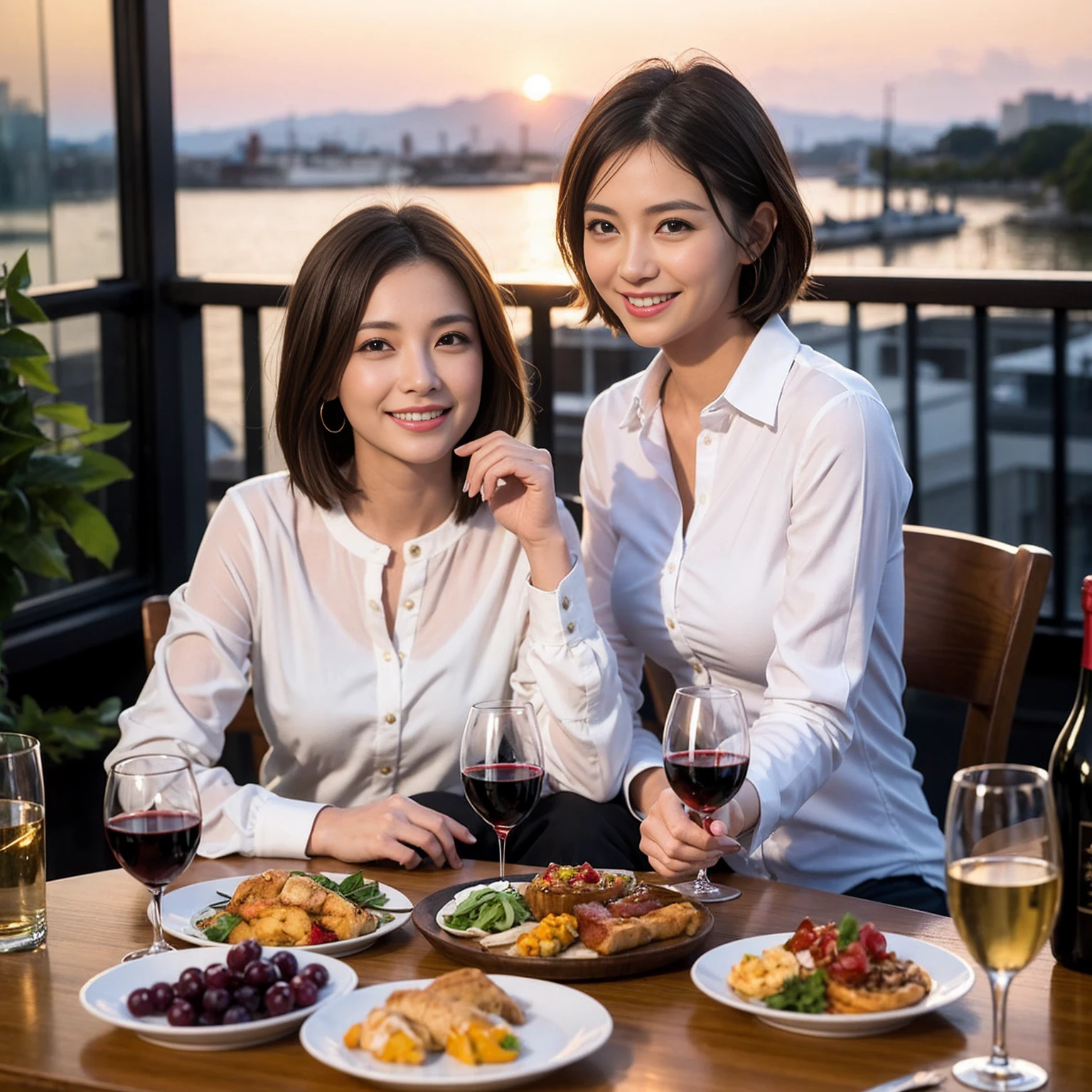 ((Highest quality、8K、masterpiece:1.3))、 (Ultra-realistic、 Genuine、Bright image、Intricate details:1.2), 最高のsmile、Slim Beauty、1 male、1 female、Beautiful couple、love love love、A lover who resembles Uchida Yuki、Good friends、actress couple、smile、Full-course dinner at a packed table、 (Slim face), (the body is slim), (Brown Hair), (short hair), テーブルのwine glass、Please shine a light on my face、 Amazing view of the sunset sky and clouds、 39 years old, red wine 、Appetizers、Wine bottle、sparkling wine、Long sleeve shirt、dress、White wine, red wine, wine glass, 