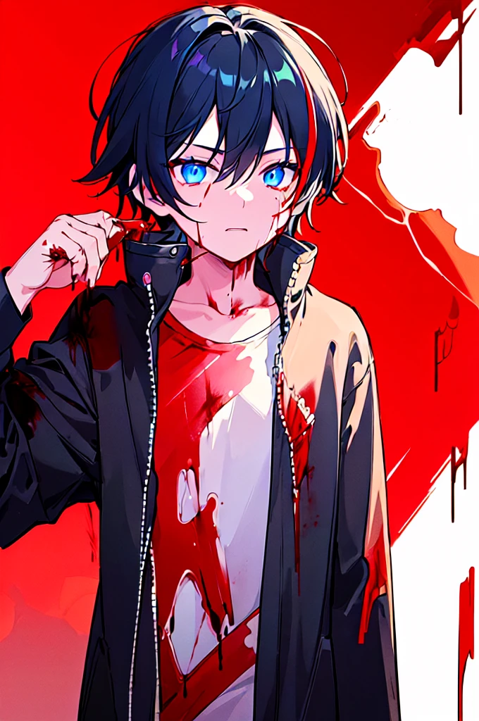 [(RED BACKGROUND:1.5),::5], ((((masterpiece)))), high quality, ultra very high resolution, full color, (((solo))), ((little boy)), black hair, ((red streaked hair)), blue eyes, anime, ((upper body)), neon light, black parka, (flame effect:1.2), (blood effect:1.6)