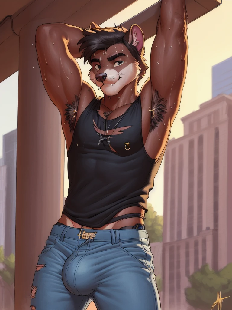 anthro, male, 1boy, solo focus, weasel, dark fur, skater punk, day, dim, detailed eyes, detailed clothes, torn clothes, thin, sleeveless top, (((sweaty armpits))), raised arms, bare chest, fit, tall, extreme pants bulge, ((huge bulge)), daddy, (((armpit sweat))), armpit hair, (sweat), (musk), detailed nipple piercings, masterpiece, by Meesh