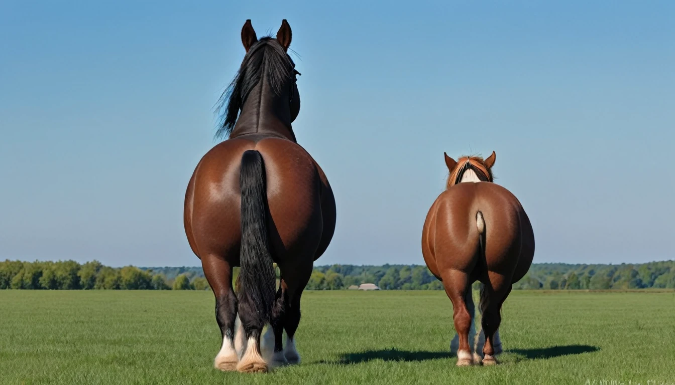 full rear view of large fat wide hairy Shire horse stallion with lumps of horse dung pouring out of the centre of a big bum and sliding down legs. facing away from view point - towards horizon. wide open rectum and anus in full view full of horse dung. tail to left side. ((masterpiece)), ((best quality)), ((highres)), ((extremely detailed)), ((close shot, back view)), (super realistic) . anatomically correct. horse surrounded by lumps of steaming dung. open field. bright sunny sky
