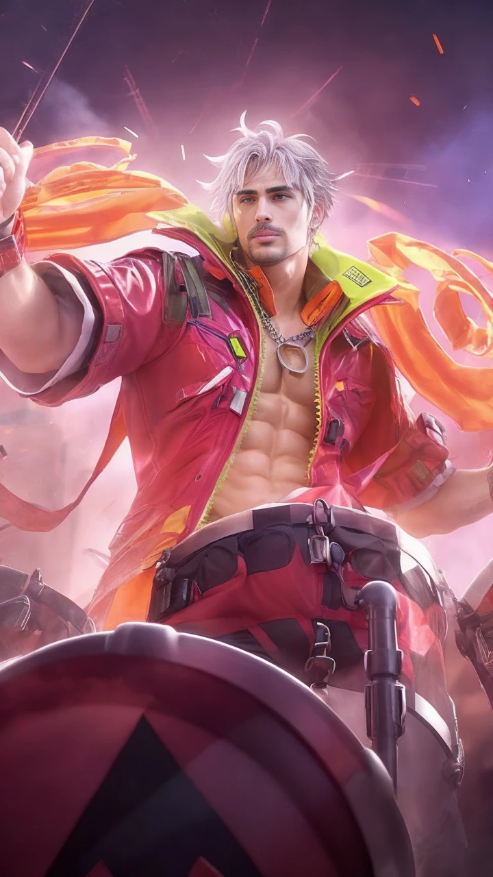masterpiece, best quality, high resolution, closeup portrait, male focus, solo focus, A man, 20 years old, with construction worker uniform, unbuttoned work clothes, construction worker, silver grey hair, messy hairstyle, cute and seductive face, bare chest, body hair, facial hair, roman nose, sweaty, spreading legs, hairy armpit, pubic hair, seductive, very skinny body, hairy legs, dimples, beard, goatee, bold jawline , in the background a construction site, orange safety vest, gay , , view from below, amazing composition, front view, HDR, ultra quality, elegant, highly detailed