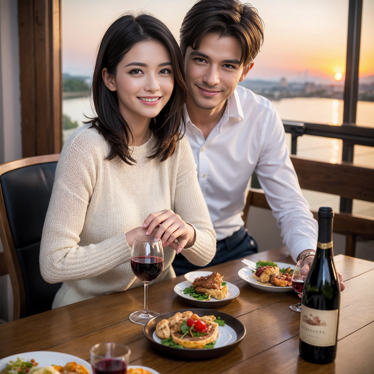 ((Highest quality、8K、masterpiece:1.3))、 (Ultra-realistic、 Genuine、Bright image、Intricate details:1.2), 最高のsmile、Slim Beauty、1 male 1 female、Beautiful couple、love love love、Roman Lovers、Good friends、actress couple、smile、Full-course dinner at a packed table、 (Slim face), (the body is slim), (Brown Hair), (short hair), テーブルのwine glass、Please shine a light on my face、 Amazing view of the sunset sky and clouds、 years old 39 years old, red wine 、Appetizers、Wine bottle、sparkling wine、Long sleeve shirt、dress、White wine, red wine, wine glass,
