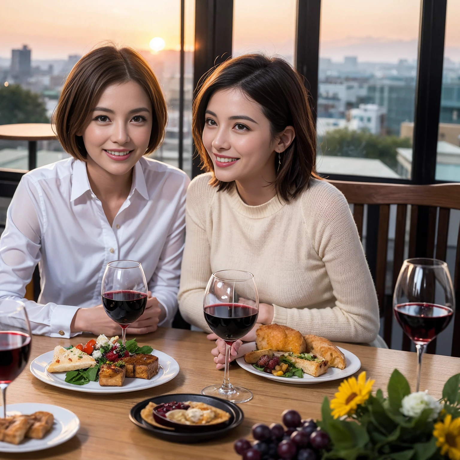((Highest quality、8K、masterpiece:1.3))、 (Ultra-realistic、 Genuine、Bright image、Intricate details:1.2), 最高のsmile、Slim Beauty、1 male 1 female、Beautiful couple、love love love、Roman Lovers、Good friends、actress couple、smile、Full-course dinner at a packed table、 (Slim face), (the body is slim), (Brown Hair), (short hair), テーブルのwine glass、Please shine a light on my face、 Amazing view of the sunset sky and clouds、 years old 39 years old, red wine 、Appetizers、Wine bottle、sparkling wine、Long sleeve shirt、dress、White wine, red wine, wine glass,