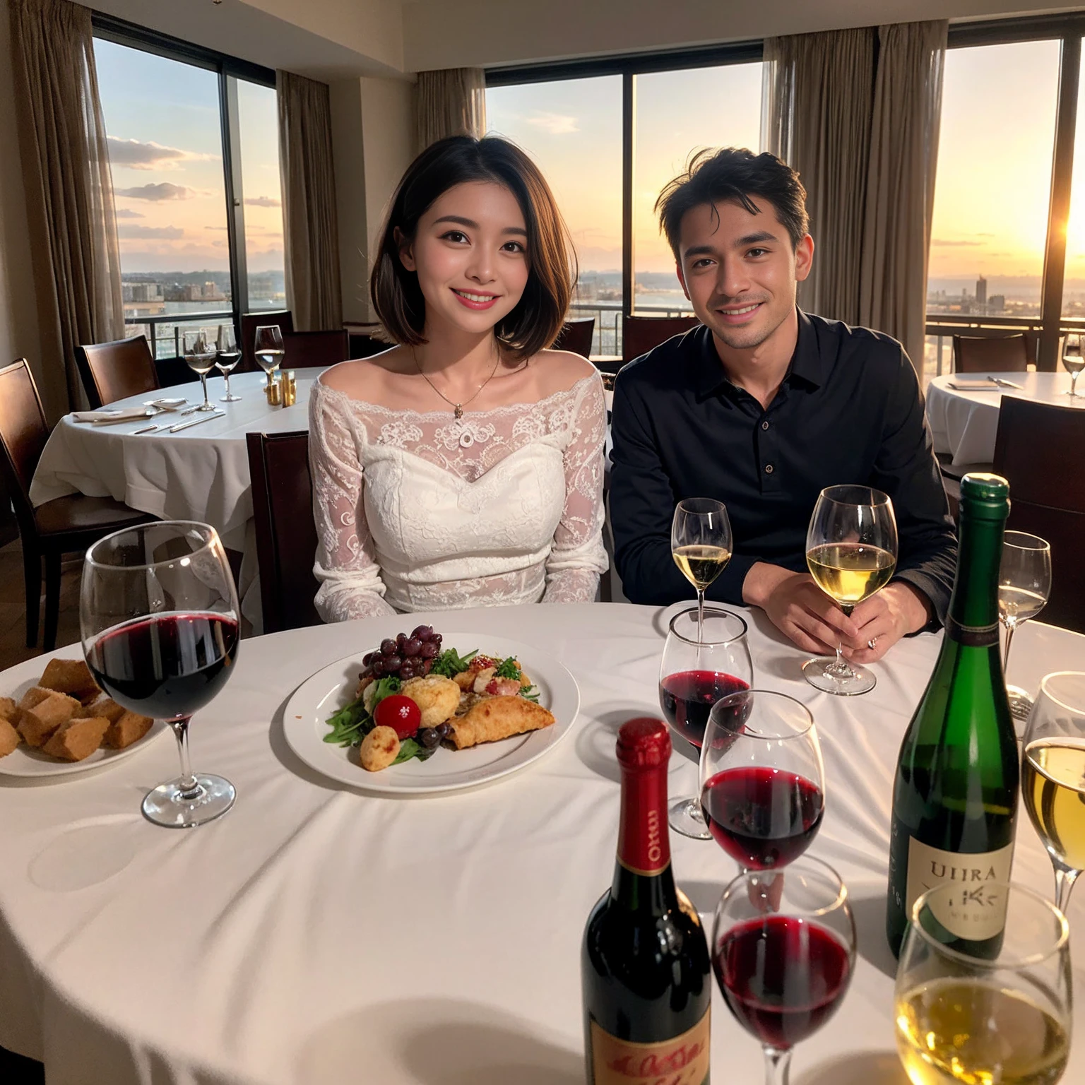 ((Highest quality、8K、masterpiece:1.3))、 (Ultra-realistic、 Genuine、Bright image、Intricate details:1.2), 最高のsmile、Slim Beauty、1 male 1 female、Beautiful couple、love love love、Roman Lovers、Good friends、actress couple、smile、Full-course dinner at a packed table、 (Slim face), (the body is slim), (Brown Hair), (short hair), テーブルのwine glass、Please shine a light on my face、 Amazing view of the sunset sky and clouds、 years old 39 years old, red wine 、Appetizers、Wine bottle、sparkling wine、Long sleeve shirt、dress、White wine, red wine, wine glass,