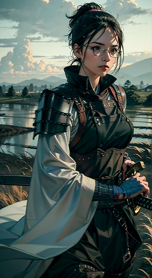 samurai girl, 1 girl, beautiful detailed eyes, beautiful detailed lips, extremely detailed face and eyes, long eyelashes, samurai armor, ((two japanese swords)), rural rice field road, rolling hills, cloudy sky, detailed environment, dramatic lighting, cinematic lighting, dramatic shadows, highly detailed, 8K, photorealistic, hyper detailed, masterpiece, vibrant colors, atmospheric, intricate details、((Big Breasts)) (Classic glasses)