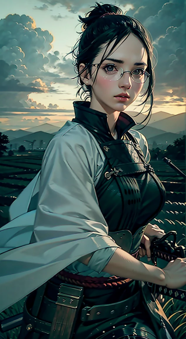 samurai girl, 1 girl, beautiful detailed eyes, beautiful detailed lips, extremely detailed face and eyes, long eyelashes, samurai armor, ((two japanese swords)), rural rice field road, rolling hills, cloudy sky, detailed environment, dramatic lighting, cinematic lighting, dramatic shadows, highly detailed, 8K, photorealistic, hyper detailed, masterpiece, vibrant colors, atmospheric, intricate details、((Big Breasts)) (Classic glasses)