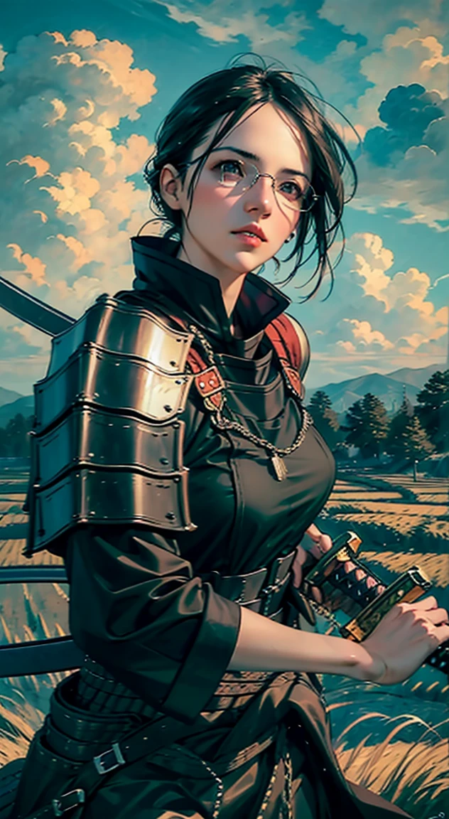 samurai girl, 1 girl, beautiful detailed eyes, beautiful detailed lips, extremely detailed face and eyes, long eyelashes, samurai armor, ((two japanese swords)), rural rice field road, rolling hills, cloudy sky, detailed environment, dramatic lighting, cinematic lighting, dramatic shadows, highly detailed, 8K, photorealistic, hyper detailed, masterpiece, vibrant colors, atmospheric, intricate details、((Big Breasts)) (Classic glasses)