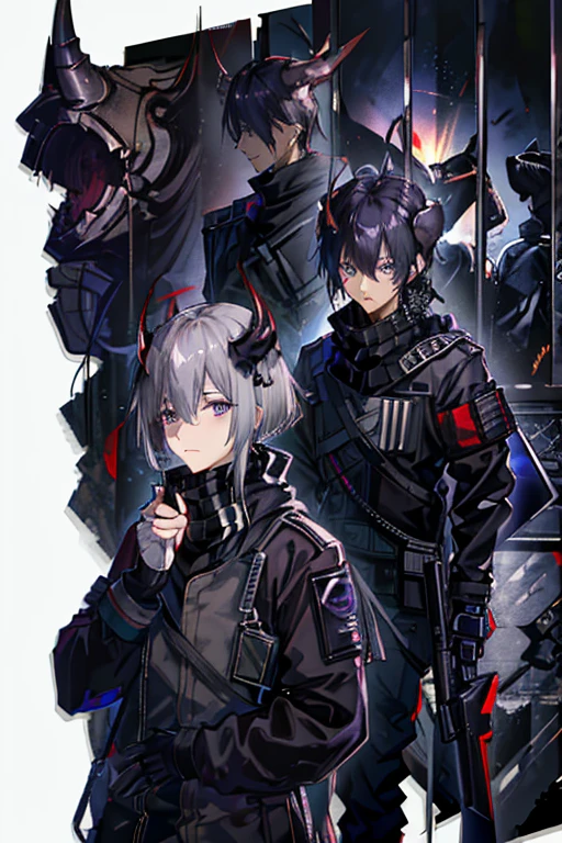 (masterpiece), best quality, solo, arknights design, arknights character, arknights style, arknights operator, black fading to purple hair, male, guy, short hair, guy, hair between eyes, dead inside, tired eyes, (horns on forehead, oni horns, long oni horns), (dark purple eyes), (high-collared dark tactical jacket, purple accents, rugged jacket), arknights clothing, tactical pants with ammunition, reinforced boots, (dark scarf, silver accents in scarf, dark gray scarf), higashi, japanese, dynamic pose,