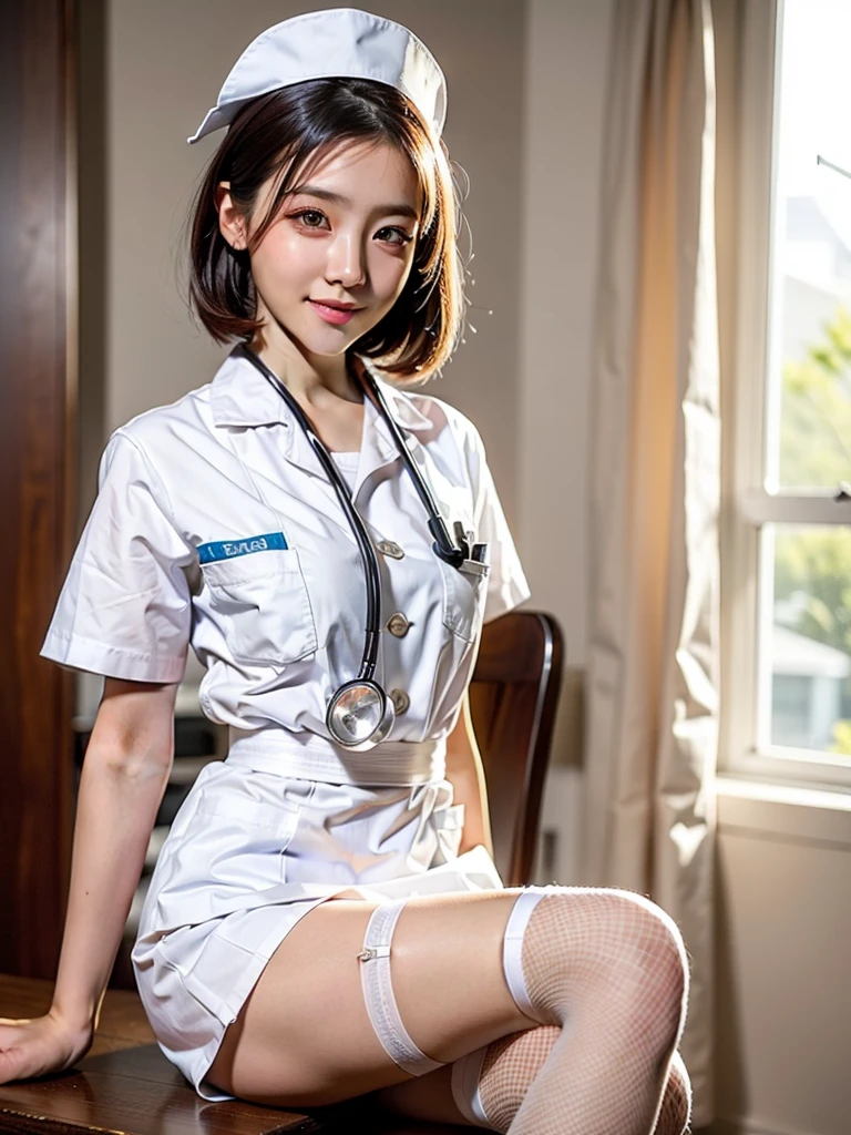 (Highest quality: 1.5), (Realistic: 1.5), (1 person: 1.5), (Very detailed), (High resolution), 8K, Shoot from below, (Japanese women), ((wear White nurse uniform)), (Nurse cap), (Wear a micro mini skirt), (Medium chest), Natural color lips, Cute Smile, 20-year-old girl, (Beautiful and elaborate face), (Perfect and beautiful face), (Big eyes), (Beautiful and elaborate face), (Left/right balance) Beautiful Eyes), Beautiful double eyelids, Perfect and beautiful face, thin arched eyebrows, Slim face, (Slim figure), Beautiful thin nose, Beautiful Skin, (Medium Bob Hair), Natural Bangs, Fair skin, Front view Lighting, (Facial lighting), Dark blue eyes, Slim waistline, Slender and beautiful legs, nurse, Stethoscope, (Sitting on the operating table), (Wearing a white garter belt and white knee-high stockings), white nurse clothes, operating room、((White nurse clothes)), ((White Micro Mini Skirt)), pure white,