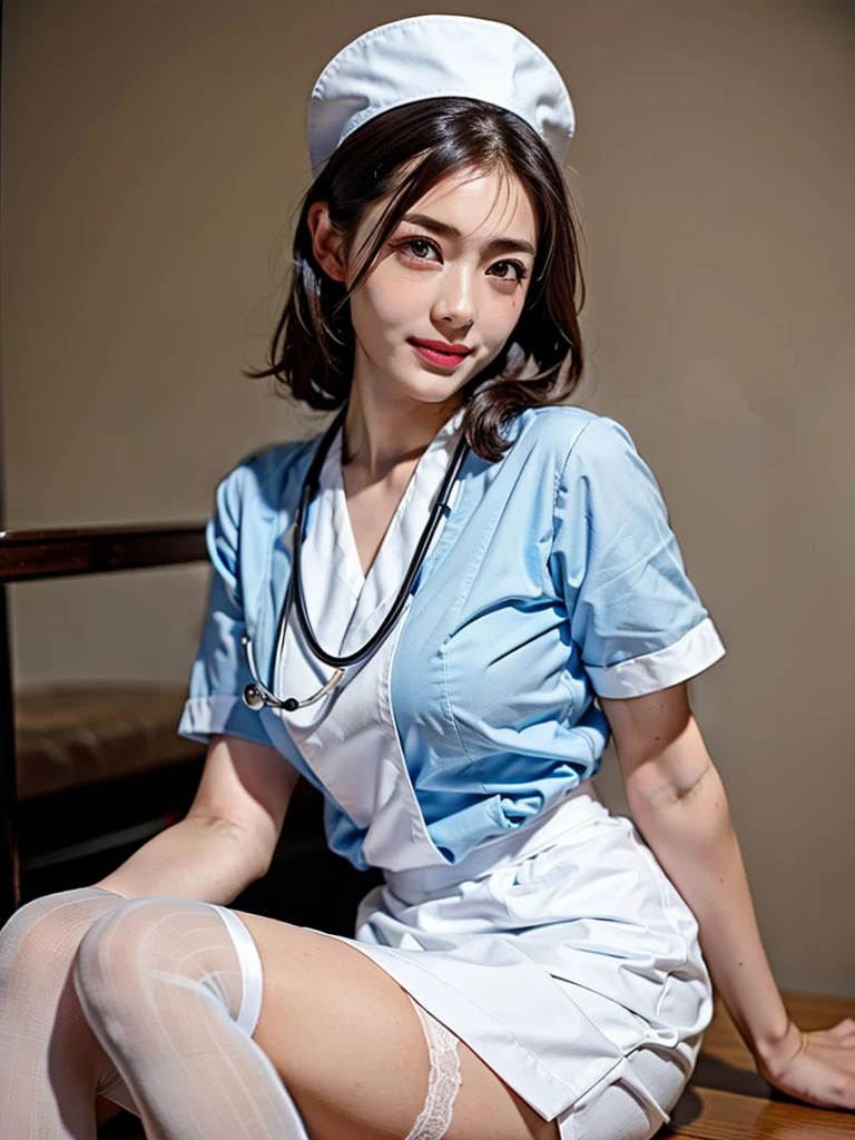 (Highest quality: 1.5), (Realistic: 1.5), (1 person: 1.5), (Very detailed), (High resolution), 8K, Shoot from below, (Japanese women), ((wear White nurse uniform)), (Nurse cap), (Wear a micro mini skirt), (Medium chest), Natural color lips, Cute Smile, 20-year-old girl, (Beautiful and elaborate face), (Perfect and beautiful face), (Big eyes), (Beautiful and elaborate face), (Left/right balance) Beautiful Eyes), Beautiful double eyelids, Perfect and beautiful face, thin arched eyebrows, Slim face, (Slim figure), Beautiful thin nose, Beautiful Skin, (Medium Bob Hair), Natural Bangs, Fair skin, Front view Lighting, (Facial lighting), Dark blue eyes, Slim waistline, Slender and beautiful legs, nurse, Stethoscope, (Sitting on the operating table), (Wearing a white garter belt and white knee-high stockings), white nurse clothes, operating room、((White nurse clothes)), ((White Micro Mini Skirt)), pure white,
