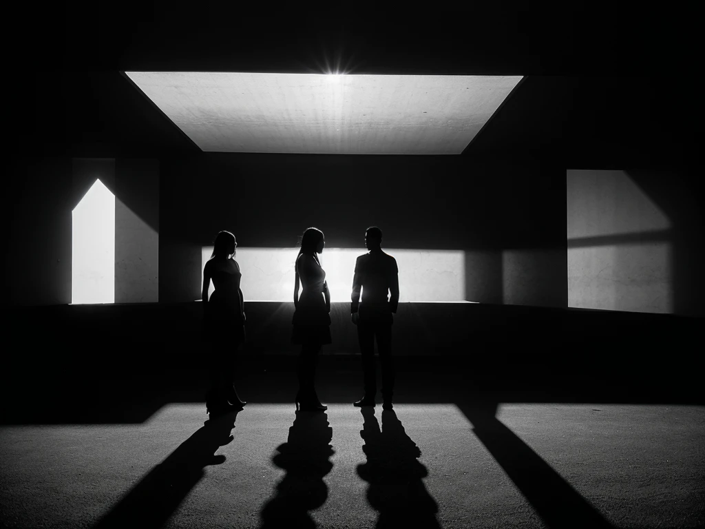 A silhouette of people, minimalist black and white art, abstract figures, long shadows, dramatic lighting, moody atmosphere, stark contrast, strong shapes, simple design, clean lines, negative space, textured background, mysterious mood, intricate details, high quality, cinematic lighting, elegant composition