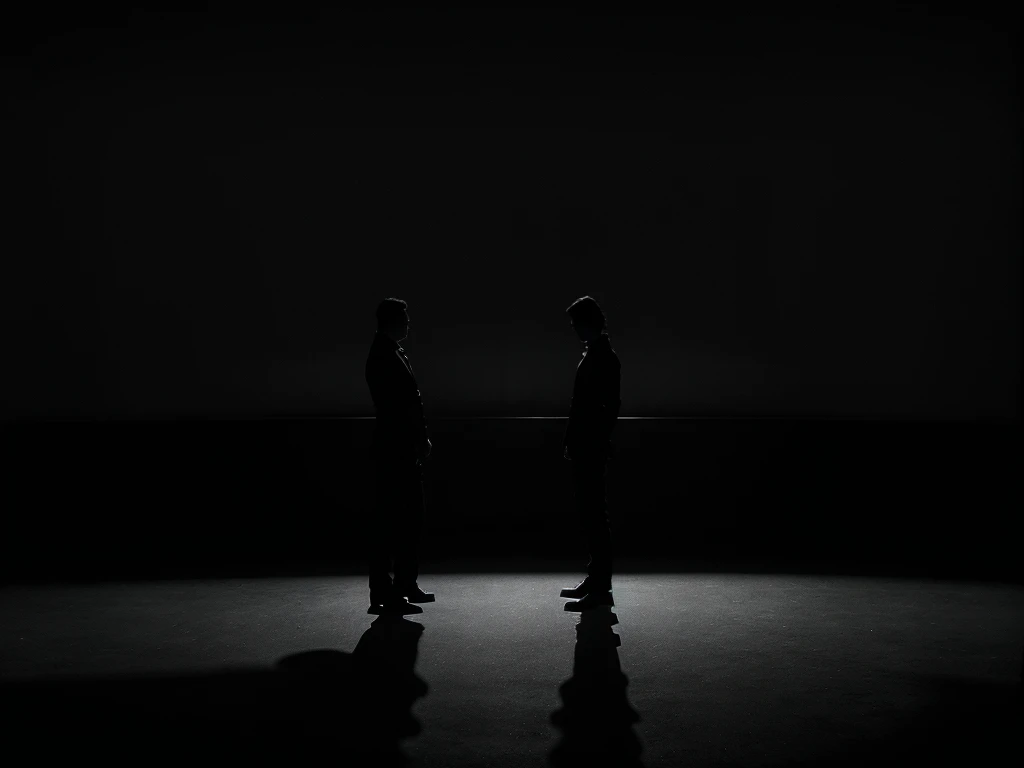 A silhouette of people, minimalist black and white art, abstract figures, long shadows, dramatic lighting, moody atmosphere, stark contrast, strong shapes, simple design, clean lines, negative space, textured background, mysterious mood, intricate details, high quality, cinematic lighting, elegant composition