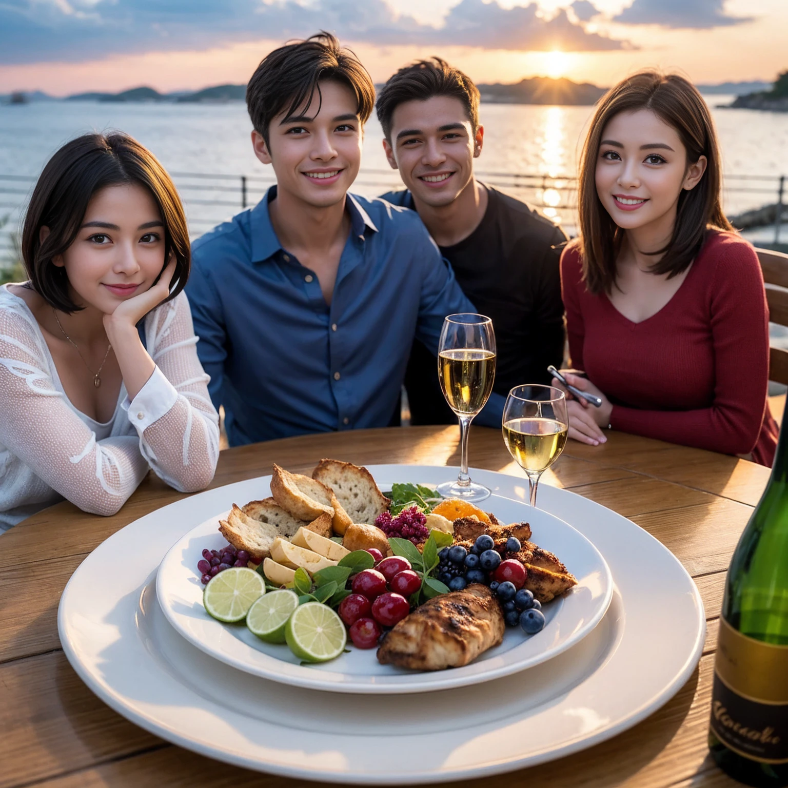 ((Highest quality、8K、masterpiece:1.3))、 (Ultra-realistic、 Genuine、Bright image、Intricate details:1.2), 最高のsmile、Slim Beauty、1 male 1 female、Beautiful couple、love love love、Roman Lovers、Good friends、actress couple、smile、Full-course dinner at a packed table、 (Slim face), (the body is slim), (Brown Hair), (short hair), テーブルのwine glass、Please shine a light on my face、 Amazing view of the sunset sky and clouds、 years old 39 years old, red wine 、Appetizers、Wine bottle、sparkling wine、Long sleeve shirt、dress、White wine, red wine, wine glass, 