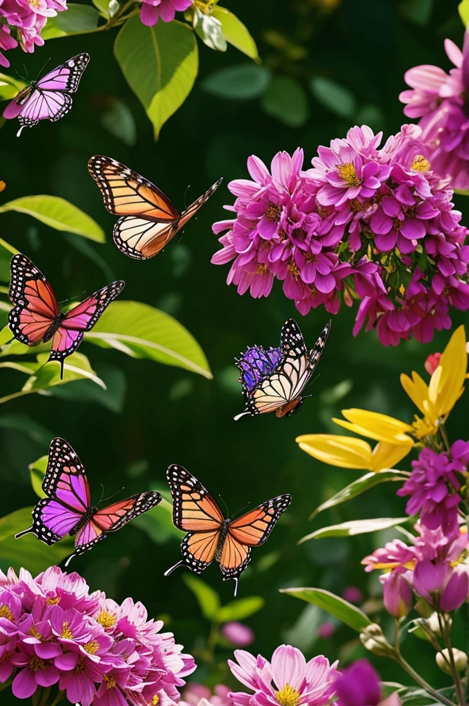 Together in a beautiful flower garden area, a princess of the king is seen flying low with wings like a butterfly. Various sizes and colors of butterflies are also seen surrounding the princess

Describe the situation from close range, emphasizing action, space, form and connection.