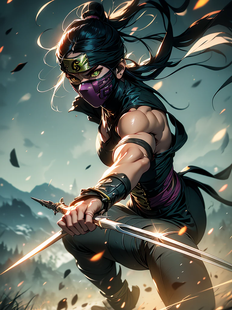 Realistic, 1girl, Mileena from Mortal Kombat, high quality, detailed, (Mortal Kombat: 1.6), wearing Kakashi suit, (realistic, photo-realistic: 1.3), toned physique, broad shoulders, defined abs, long legs, detailed outfit, intricate patterns on the suit, green headband, ninja mask covering the upper part of the face, piercing green eyes, intense gaze, determined expression, sword in hand, battle-ready stance, sword reflecting light, motion blur effect, soft focus on the eyes, cinematic, hyperdetailed.