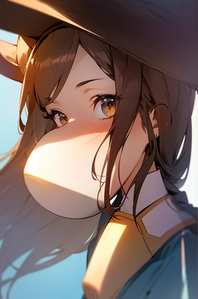 Please draw a high school girl with long brown hair.。The whole body is facing forward and smiling.。Wearing a uniform。Please make sure to capture the entire body from the head up。Please make sure your head does not get cut off from the screen.。No pose needed。Plain background、Remove light and shadow effects。Please leave some empty space at the top of the screen。