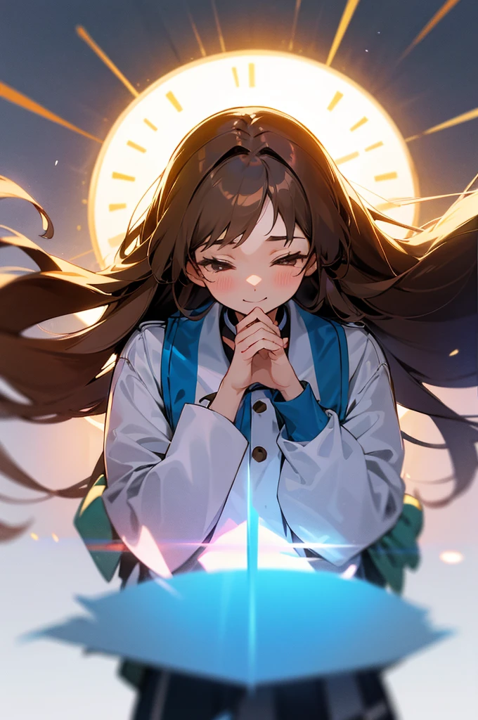 Please draw a high school girl with long brown hair.。The whole body is facing forward and smiling.。Wearing a uniform。Please make sure to capture the entire body from the head up。Please make sure your head does not get cut off from the screen.。No pose needed。Plain background、Remove light and shadow effects。Please leave some empty space at the top of the screen。