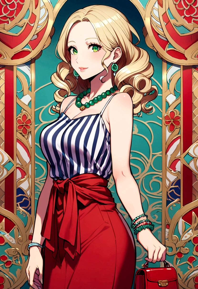 40 year old woman, curly blonde hair to waist, green eyes, blue and white striped spaghetti strap dress, white earrings, red bag, jade bracelet, red bead necklace