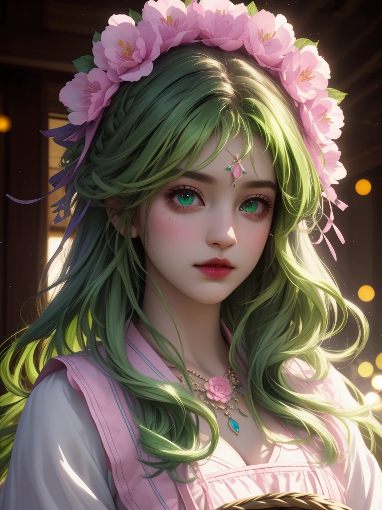 best quality, masterpiece, High target, There is a girl with a basket of flowers on her head, beautiful clothes, Hair Decorationss, necklace, Decorations, Pretty Face, When the body, Tyndall effect, Realistic Portraits, Edge lighting, Two-color light, (Very delicate skin:1.2), 8K uhd, Digital SLR Camera, Soft Light, high quality, Volumetric Lighting, Honest, photo, high resolution, 4K, 8K, Bokeh, Dark green hair，purple hair ends, Pink Eyes.