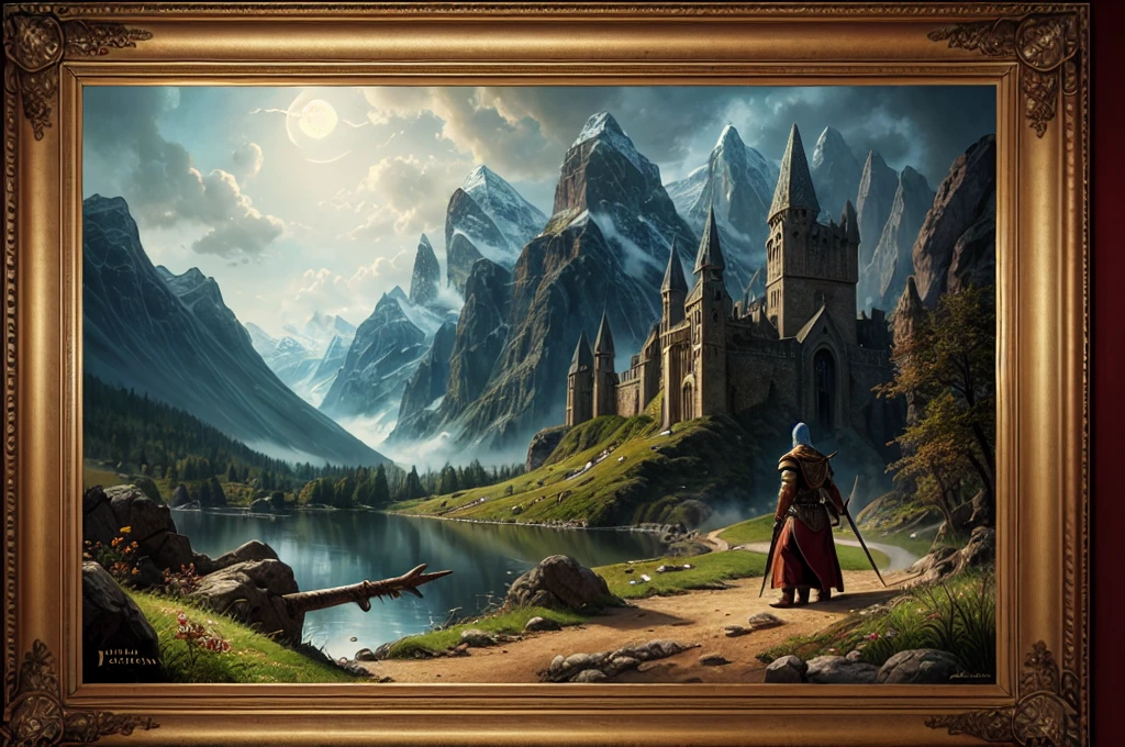 inspiré de Tolkien,À la manière de John Howe,detailed fantasy landscape,enchanted forests,majestic mountains,epic battles,dangerous dungeons,magical creatures,highly detailed armor,best quality,4k,8k,highres,masterpiece:1.2,ultra-detailed,realistic,photorealistic,photo-realistic:1.37,HDR,UHD,studio lighting,ultra-fine painting,sharp focus,physically-based rendering,extreme detail description,professional,vivid colors,bokeh,fantasy art