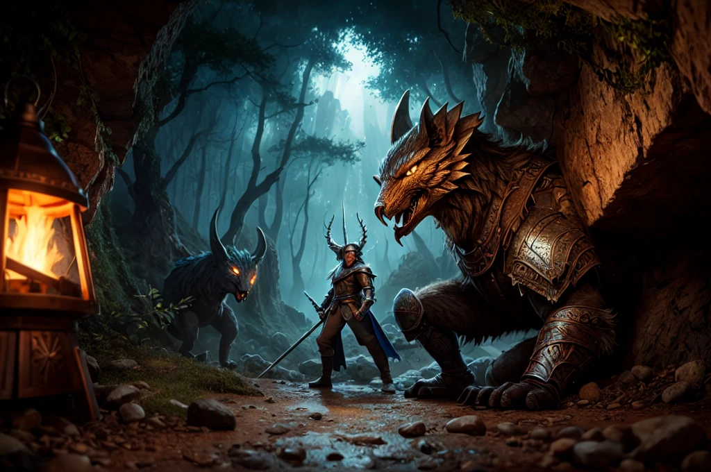 inspiré de Tolkien,À la manière de John Howe,detailed fantasy landscape,enchanted forests,majestic mountains,epic battles,dangerous dungeons,magical creatures,highly detailed armor,best quality,4k,8k,highres,masterpiece:1.2,ultra-detailed,realistic,photorealistic,photo-realistic:1.37,HDR,UHD,studio lighting,ultra-fine painting,sharp focus,physically-based rendering,extreme detail description,professional,vivid colors,bokeh,fantasy art