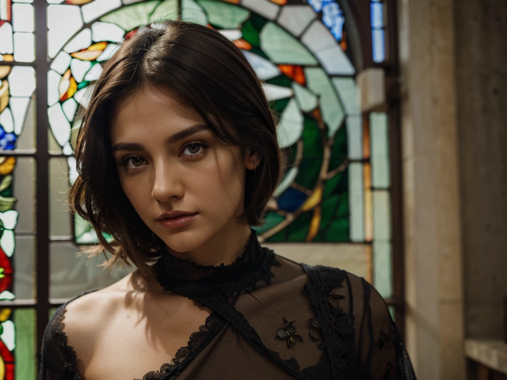 1man, green top, dark brown hair, stained glass, brilliant colors, masterpiece, best quality, detailed eyes, detailed lips, detailed clothes, (black eyes: 1.2), very realistic face,