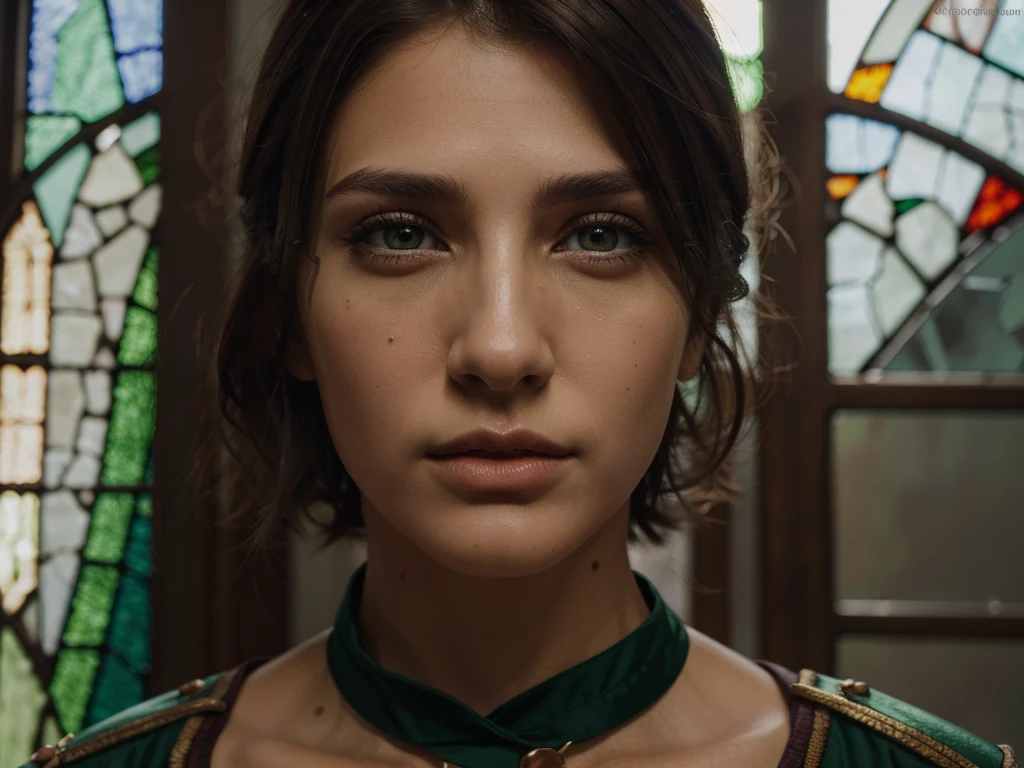 1man, green top, dark brown hair, stained glass, brilliant colors, masterpiece, best quality, detailed eyes, detailed lips, detailed clothes, (black eyes: 1.2), very realistic face,