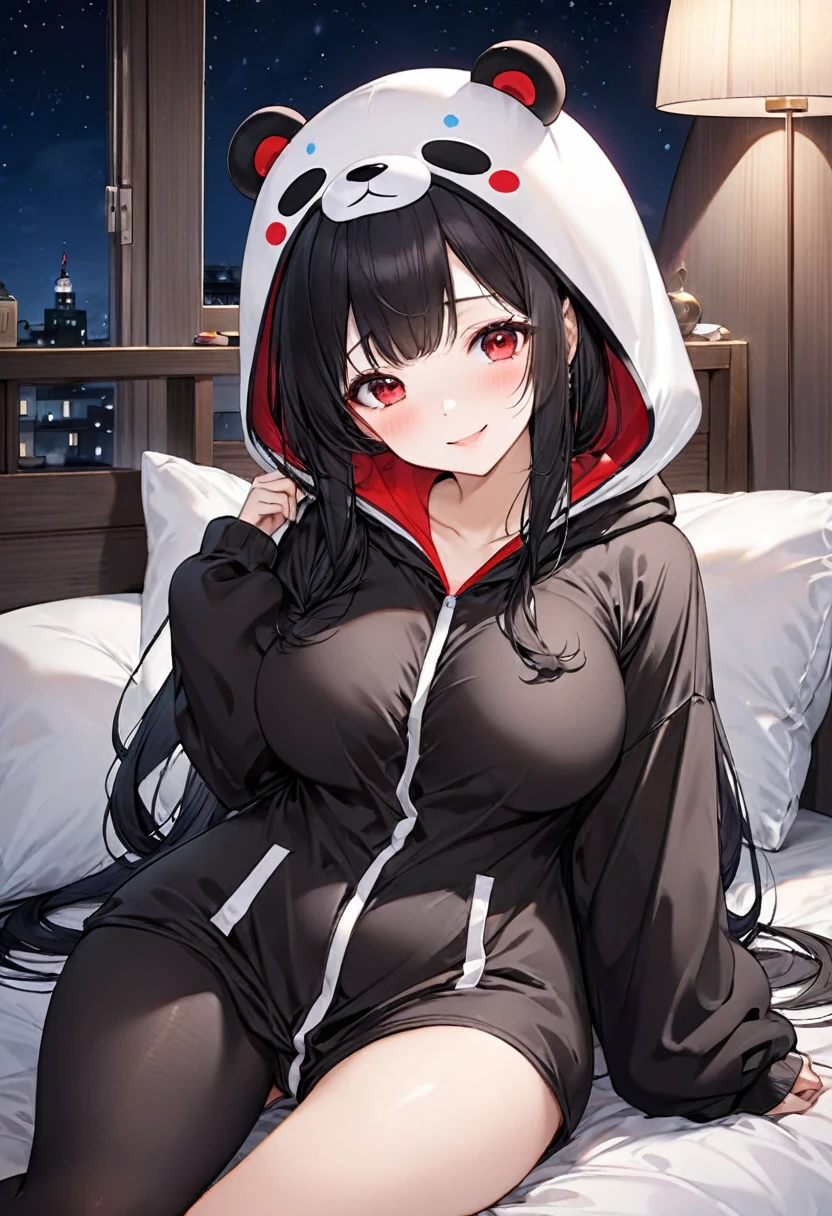 (Kigurumi pajamas style) (18 yo, solo straight:1.2 black hair long hair sexy dominance lady, detailed cool red eyes, love smile, big tits), (in a Kumamon hooded, kumamon kigurumi), break, in the lovely bedroom of night, BREAK, masterpiece, best quality, 16k, beautiful detailed night, daydreaming expression.