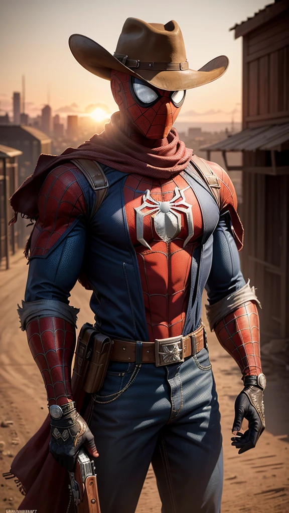 Spider-man in Wild West style, wearing Cowboys lather clothes, full masked, Cowboys hat and bring a pistol, in cowboy city, sunset,, cinematic, extreem realistic, extreem detailed, extre Sharp, super high resolution image, best quality photo,