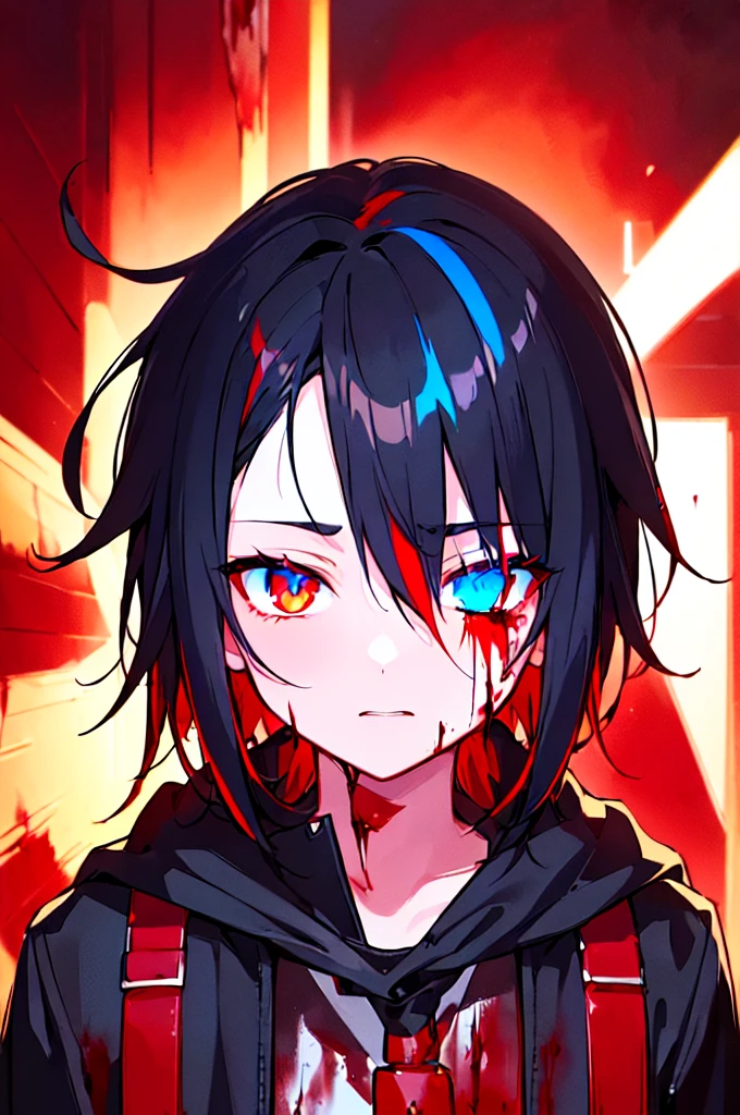 [(RED BACKGROUND:1.5),::5], ((((masterpiece)))), high quality, ultra very high resolution, full color, (((solo))), (( boy)), black hair, ((red streaked hair)), blue eyes, anime, ((upper body)), neon light, black parka, (flame effect:1.2), (blood effect:1.6)