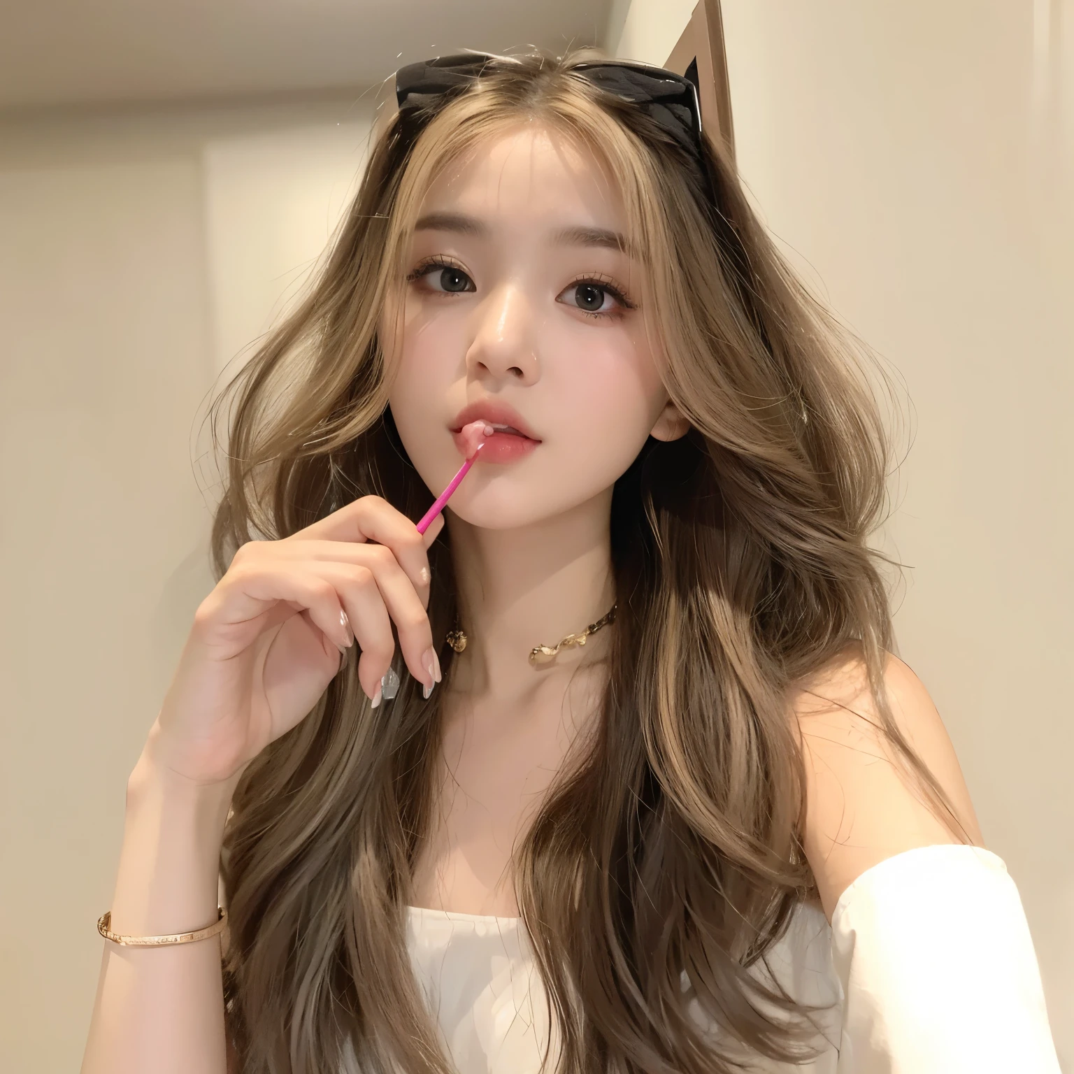 masterpiece, Best quality,Girl with black gradient flaxen hair,Lollipop in hand,Gradient highlights hairstyle,20 years old,Chinese Girl,Sweet cool girl,a girl,Exquisite facial features,Meigao Makeup,American high school student