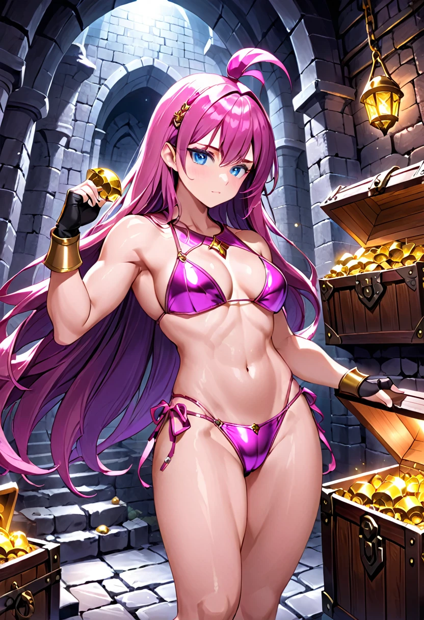 Pink metal bikini armor and helmet、blue eyes、Purple long hair、A muscular woman discovers a treasure chest in a dungeon