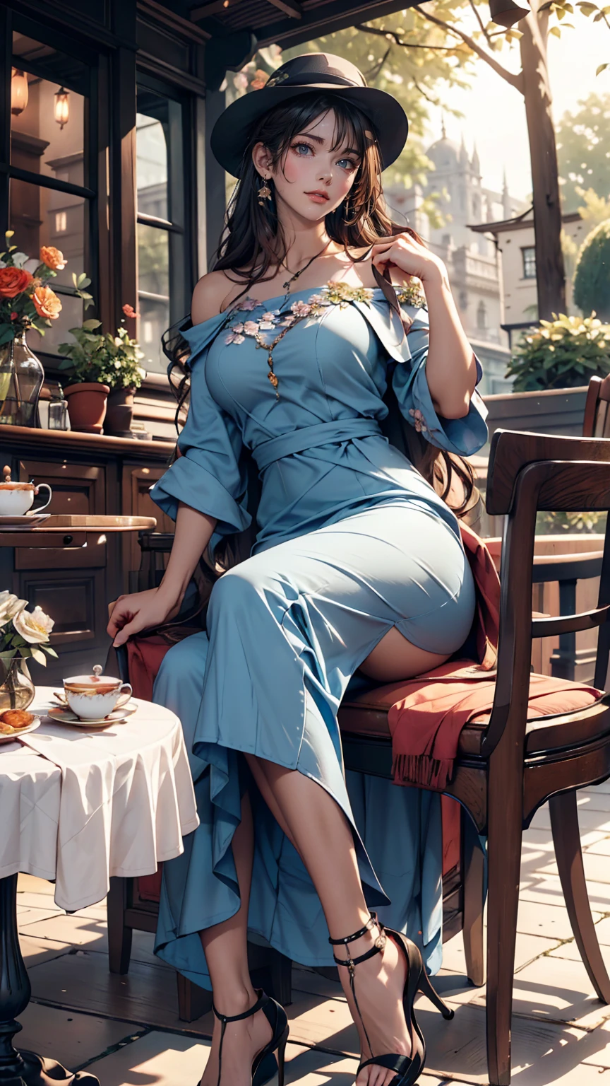 24 year old Caucasian female、Sexy proportions、Sexy、smile、smile、happiness、Flower-filled palace gardens、Tables and chairs on the lawn、A complete English tea set is placed on the table.、Sit in a chair and enjoy afternoon tea time、Wear an off-the-shoulder dress、Wear stiletto heels、The brim is wide and decorated with flowers.(Used by nobles)Wear your hat at an angle、Cowboy Shot